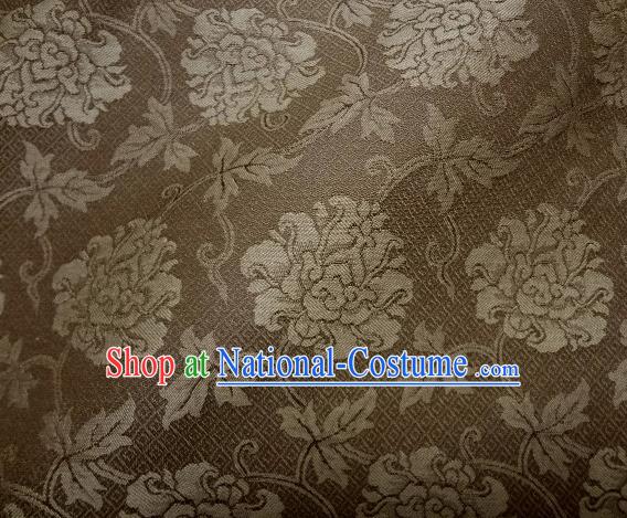 Japanese Traditional Kimono Classical Peony Pattern Brown Brocade Damask Asian Japan Nishijin Satin Drapery Silk Fabric