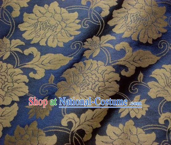 Japanese Traditional Kimono Classical Peony Pattern Navy Brocade Damask Asian Japan Nishijin Satin Drapery Silk Fabric