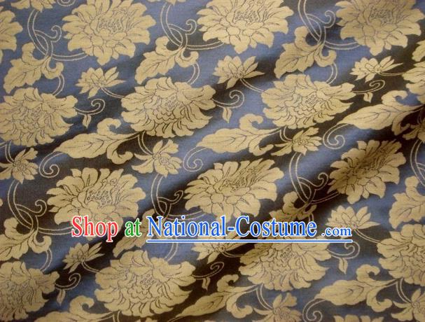 Japanese Traditional Kimono Classical Peony Pattern Navy Brocade Damask Asian Japan Nishijin Satin Drapery Silk Fabric