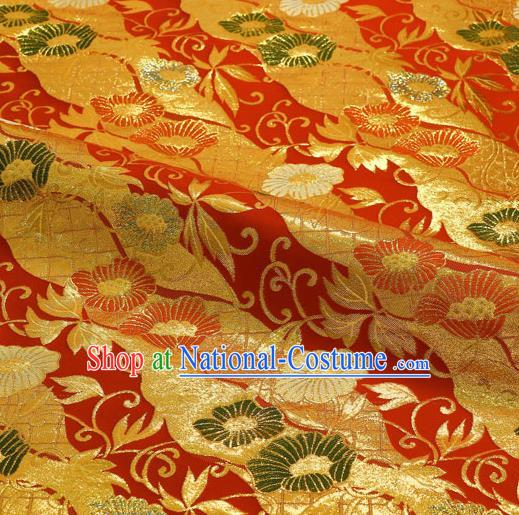 Japanese Traditional Kimono Classical Vines Flowers Pattern Red Brocade Damask Asian Japan Nishijin Satin Drapery Silk Fabric