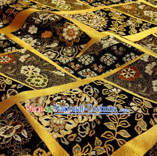 Japanese Traditional Kimono Classical Flowers Pattern Black Brocade Damask Asian Japan Nishijin Satin Drapery Silk Fabric