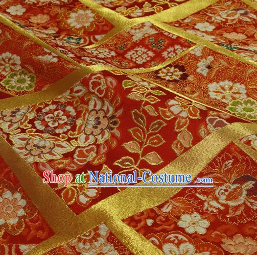 Japanese Traditional Kimono Classical Flowers Pattern Red Brocade Damask Asian Japan Nishijin Satin Drapery Silk Fabric