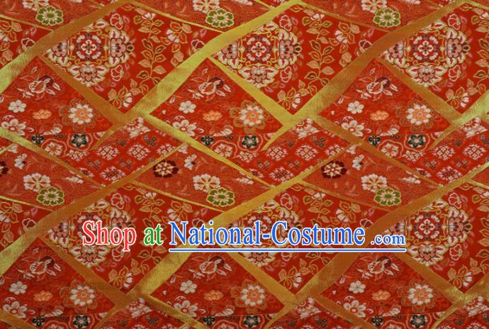 Japanese Traditional Kimono Classical Flowers Pattern Red Brocade Damask Asian Japan Nishijin Satin Drapery Silk Fabric