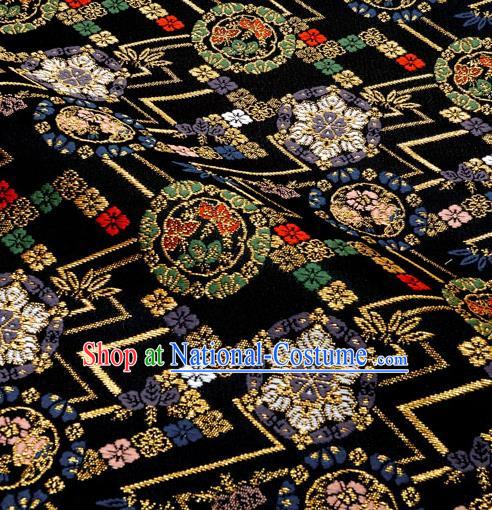 Japanese Traditional Kimono Classical Round Pattern Black Brocade Damask Asian Japan Nishijin Satin Drapery Silk Fabric