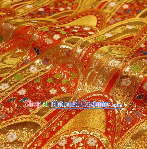 Japanese Traditional Kimono Classical Waves Pattern Red Brocade Damask Asian Japan Nishijin Satin Drapery Silk Fabric