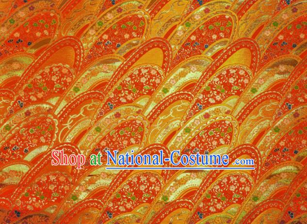 Japanese Traditional Kimono Classical Waves Pattern Red Brocade Damask Asian Japan Nishijin Satin Drapery Silk Fabric