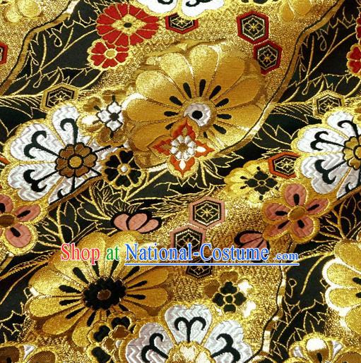 Japanese Traditional Kimono Classical Daisy Pattern Black Brocade Damask Asian Japan Nishijin Satin Drapery Silk Fabric