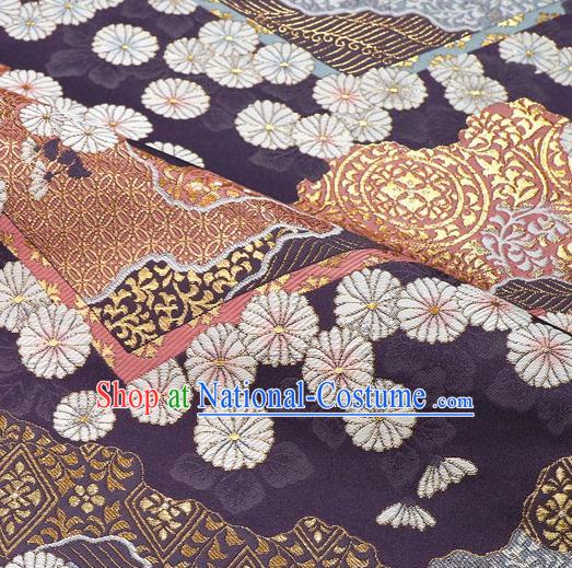 Japanese Traditional Kimono Classical Daisy Pattern Purple Brocade Damask Asian Japan Nishijin Satin Drapery Silk Fabric