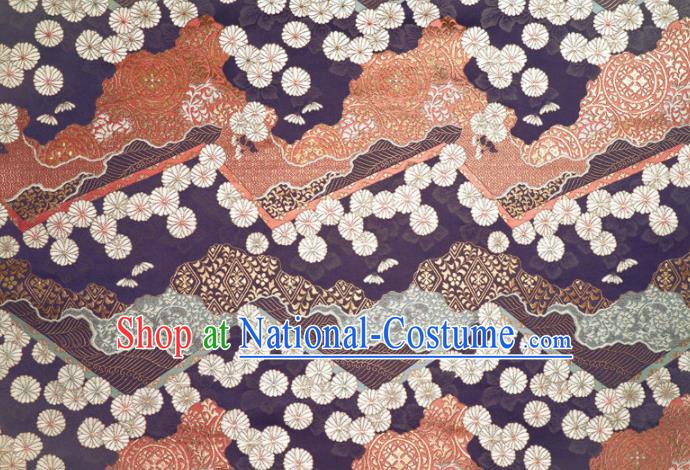 Japanese Traditional Kimono Classical Daisy Pattern Purple Brocade Damask Asian Japan Nishijin Satin Drapery Silk Fabric