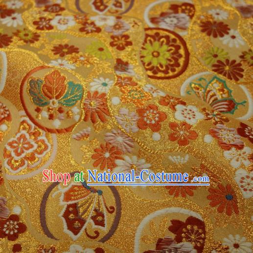 Japanese Traditional Kimono Classical Butterfly Flowers Pattern Golden Brocade Damask Asian Japan Nishijin Satin Drapery Silk Fabric