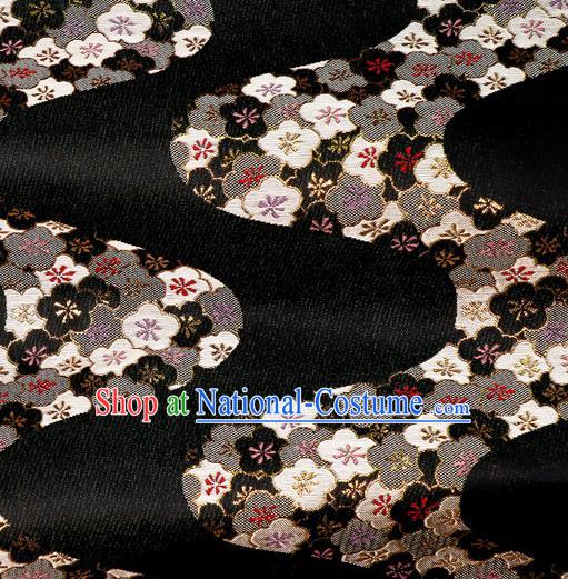 Japanese Traditional Kimono Classical Flow Sakura Pattern Black Brocade Damask Asian Japan Nishijin Satin Drapery Silk Fabric