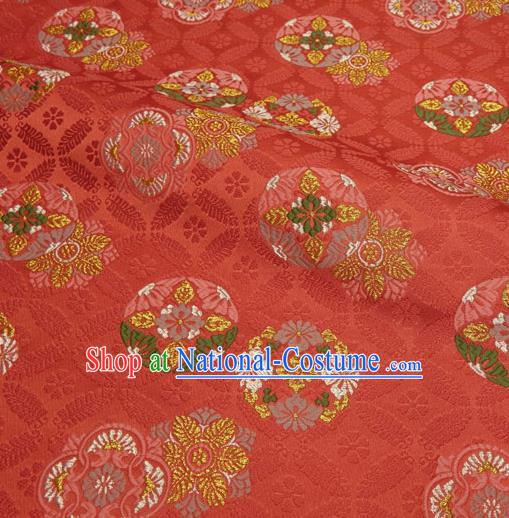 Japanese Traditional Kimono Classical Qibao Flowers Pattern Red Brocade Damask Asian Japan Nishijin Satin Drapery Silk Fabric