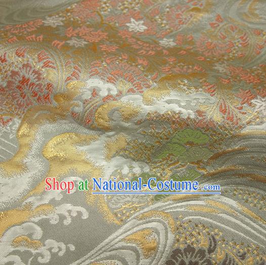 Japanese Traditional Kimono Classical Wave Pattern Argent Brocade Damask Asian Japan Nishijin Satin Drapery Silk Fabric