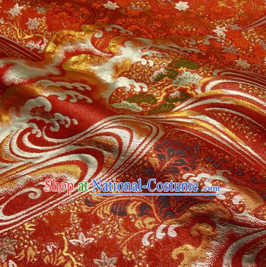 Japanese Traditional Kimono Classical Wave Pattern Red Brocade Damask Asian Japan Nishijin Satin Drapery Silk Fabric