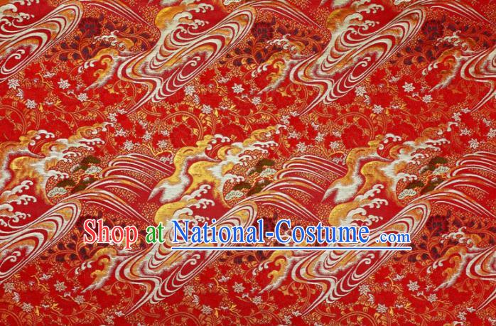 Japanese Traditional Kimono Classical Wave Pattern Red Brocade Damask Asian Japan Nishijin Satin Drapery Silk Fabric