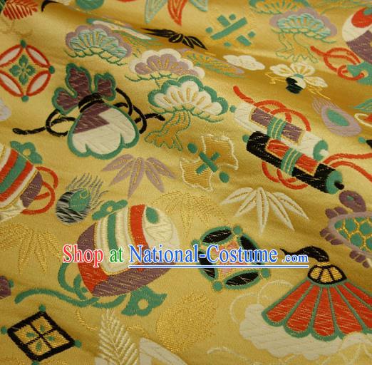 Japanese Traditional Kimono Classical Fans Pattern Yellow Brocade Damask Asian Japan Nishijin Satin Drapery Silk Fabric