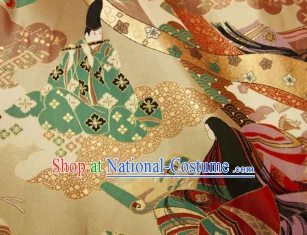 Japanese Traditional Kimono Classical Geisha Pattern Golden Brocade Damask Asian Japan Nishijin Satin Drapery Silk Fabric