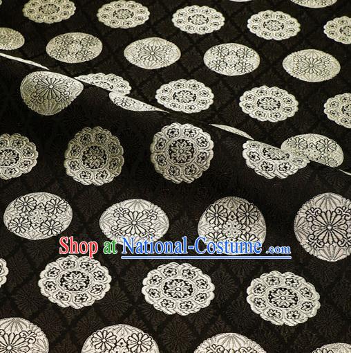 Japanese Traditional Kimono Classical Round Chrysanthemum Pattern Black Brocade Damask Asian Japan Nishijin Satin Drapery Silk Fabric