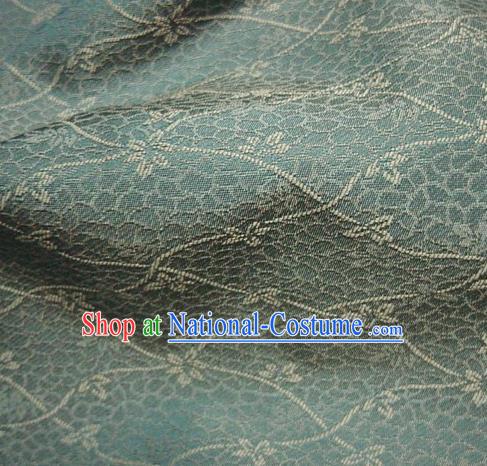 Japanese Traditional Kimono Classical Vines Flower Pattern Blue Brocade Damask Asian Japan Nishijin Satin Drapery Silk Fabric