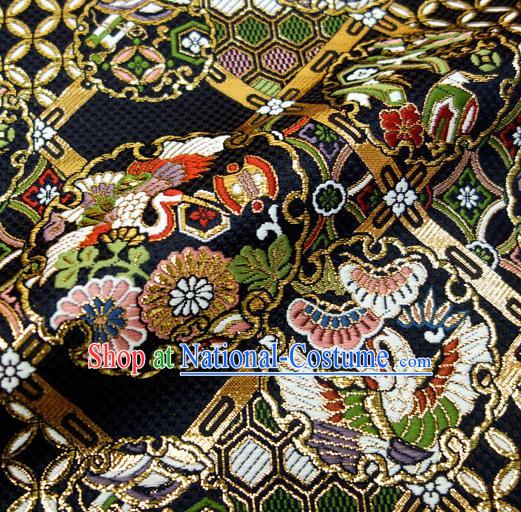 Japanese Traditional Kimono Classical Crane Daisy Pattern Black Brocade Damask Asian Japan Nishijin Satin Drapery Silk Fabric