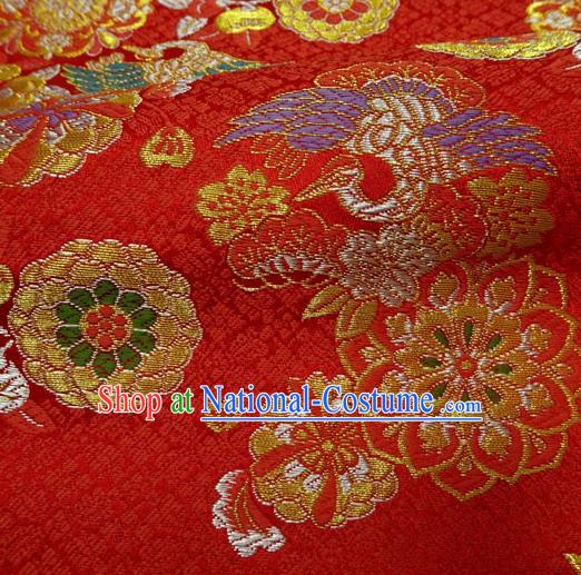 Japanese Traditional Kimono Classical Crane Daisy Pattern Red Brocade Damask Asian Japan Nishijin Satin Drapery Silk Fabric