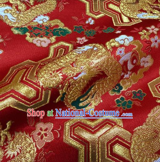 Japanese Traditional Kimono Classical Dragons Pattern Red Brocade Damask Asian Japan Nishijin Satin Drapery Silk Fabric