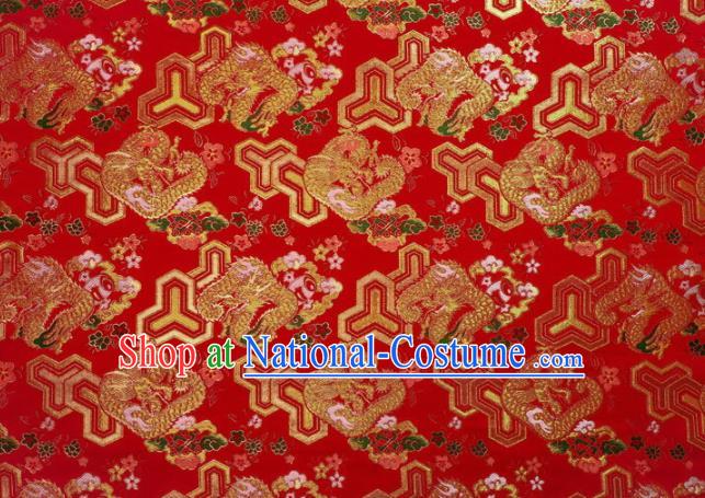 Japanese Traditional Kimono Classical Dragons Pattern Red Brocade Damask Asian Japan Nishijin Satin Drapery Silk Fabric