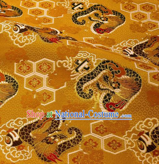 Japanese Traditional Kimono Classical Dragons Pattern Golden Brocade Damask Asian Japan Nishijin Satin Drapery Silk Fabric