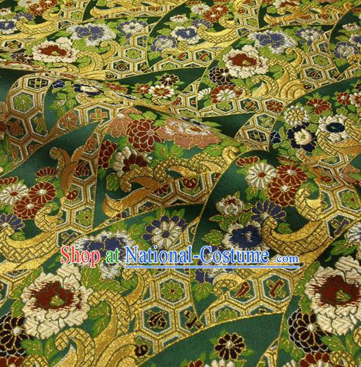 Japanese Traditional Kimono Classical Daisy Pattern Deep Green Brocade Damask Asian Japan Nishijin Satin Drapery Silk Fabric