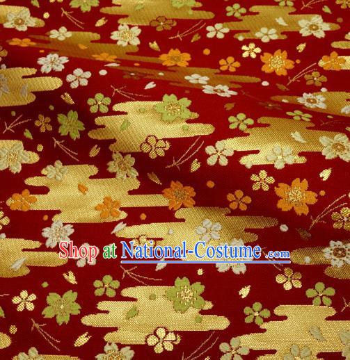 Japanese Traditional Kimono Classical Cloud Sakura Pattern Red Brocade Damask Asian Japan Nishijin Satin Drapery Silk Fabric