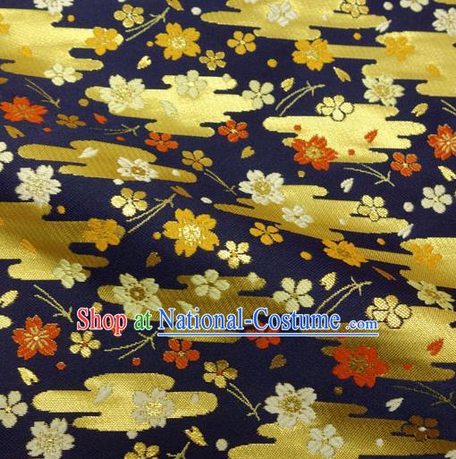 Japanese Traditional Kimono Classical Cloud Sakura Pattern Navy Blue Brocade Damask Asian Japan Nishijin Satin Drapery Silk Fabric