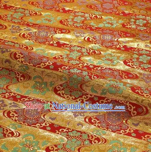 Japanese Traditional Kimono Classical Flow Pattern Red Brocade Damask Asian Japan Nishijin Satin Drapery Silk Fabric