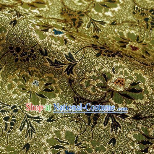 Japanese Traditional Kimono Classical Pine Peony Pattern Olive Green Brocade Damask Asian Japan Nishijin Satin Drapery Silk Fabric