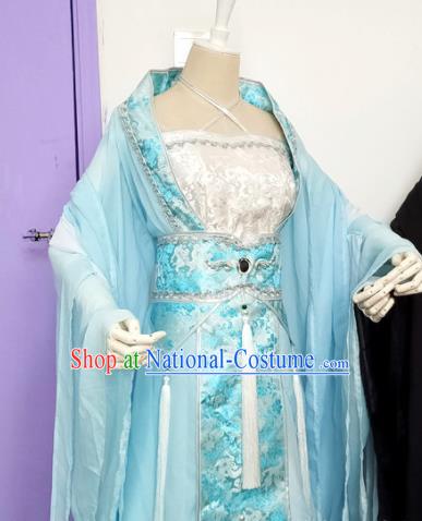 Chinese Cosplay Princess Costume Ancient Goddess Swordswoman Blue Dress for Women