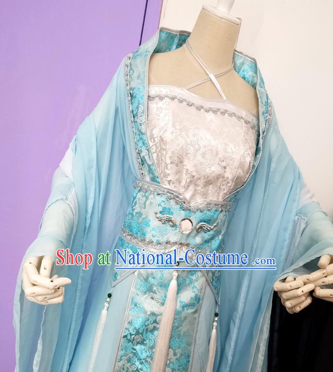 Chinese Cosplay Princess Costume Ancient Goddess Swordswoman Blue Dress for Women