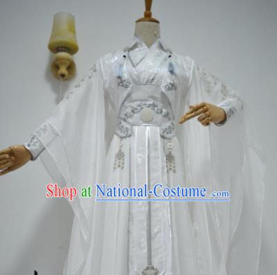 Chinese Customized Traditional Cosplay Taoist Swordsman Costume Ancient Drama Childe White Clothing for Men