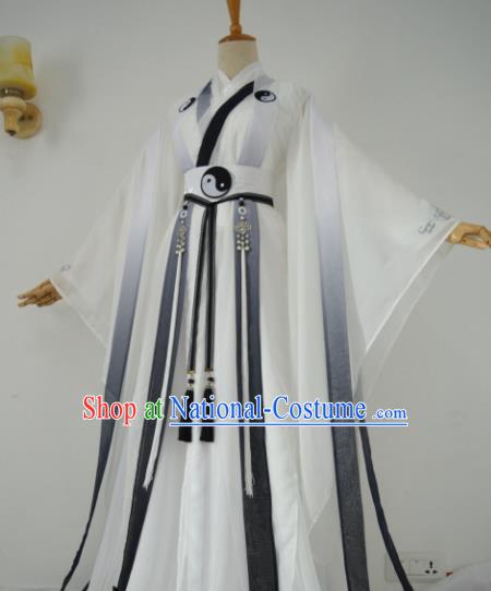 Chinese Customized Traditional Cosplay Taoist White Costume Ancient Drama Childe Swordsman Clothing for Men