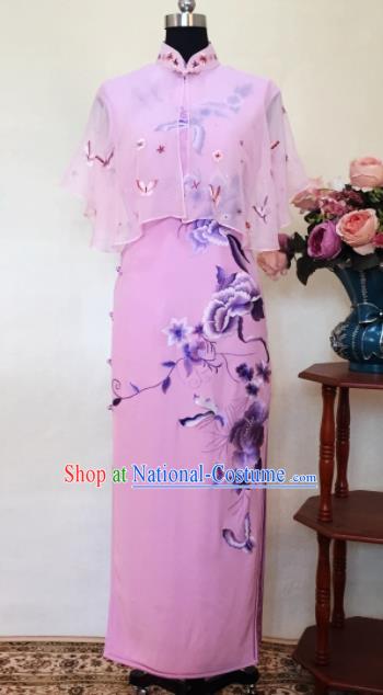 Chinese Traditional Customized Embroidered Pink Cheongsam National Costume Classical Qipao Dress for Women