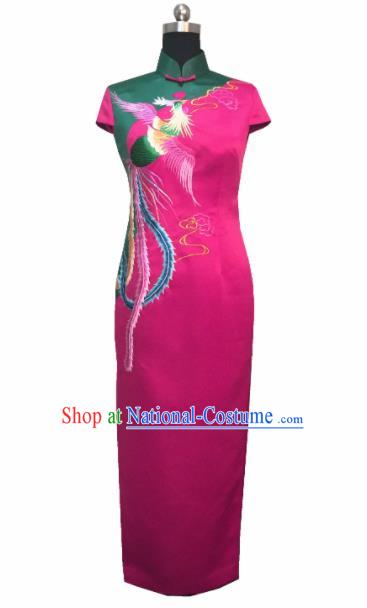 Chinese Traditional Customized Embroidered Phoenix Rosy Cheongsam National Costume Classical Qipao Dress for Women