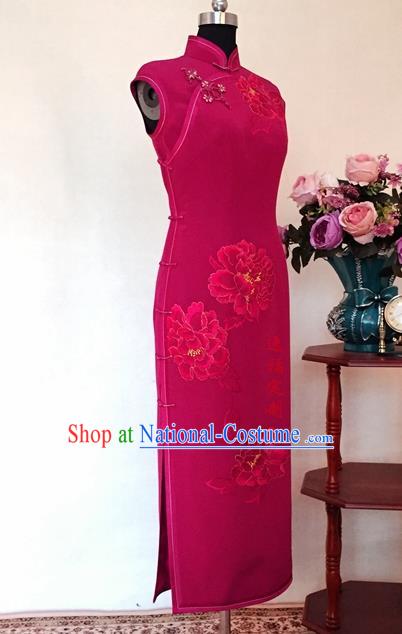 Chinese Traditional Customized Printing Peony Rosy Cheongsam National Costume Classical Qipao Dress for Women