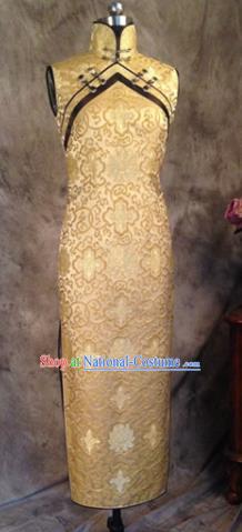 Chinese Traditional Customized Golden Cheongsam National Costume Classical Qipao Dress for Women