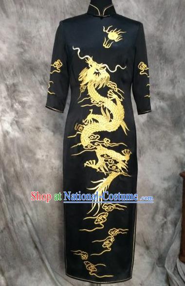 Chinese Traditional Customized Printing Dragon Black Silk Cheongsam National Costume Classical Qipao Dress for Women