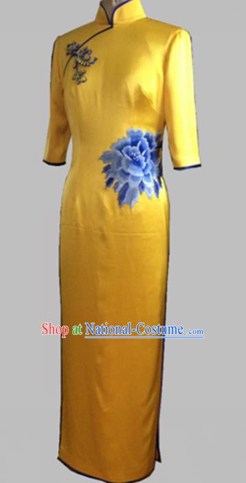 Chinese Traditional Customized Printing Peony Yellow Silk Cheongsam National Costume Classical Qipao Dress for Women