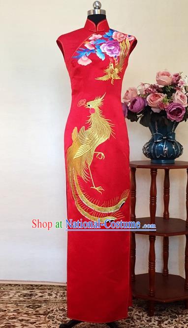 Chinese Traditional Customized Embroidered Phoenix Peony Red Silk Cheongsam National Costume Classical Qipao Dress for Women