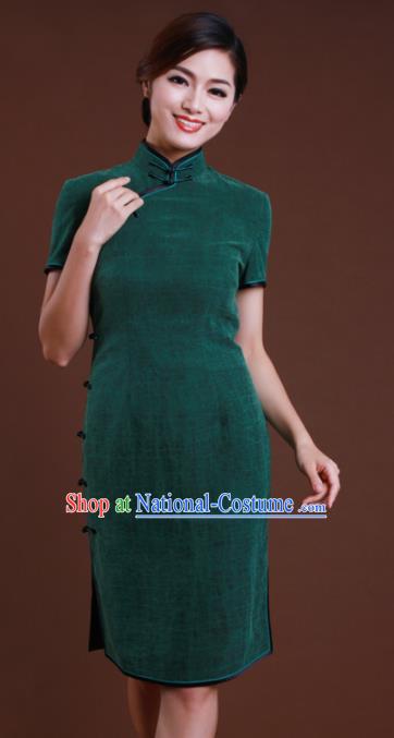 Chinese Traditional Customized Atrovirens Cheongsam National Costume Classical Qipao Dress for Women