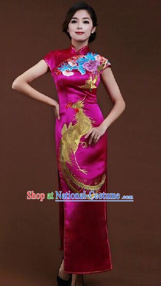 Chinese Traditional Customized Embroidered Phoenix Peony Rosy Silk Cheongsam National Costume Classical Qipao Dress for Women