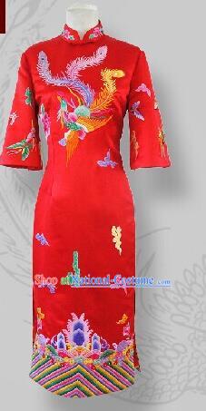 Chinese Traditional Customized Embroidered Phoenix Red Cheongsam National Costume Classical Qipao Dress for Women