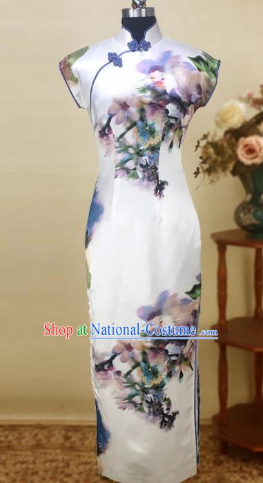 Chinese Traditional Customized Printing Silk Cheongsam National Costume Classical Qipao Dress for Women