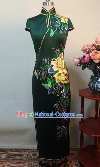 Chinese Traditional Customized Printing Peony Atrovirens Silk Cheongsam National Costume Classical Qipao Dress for Women