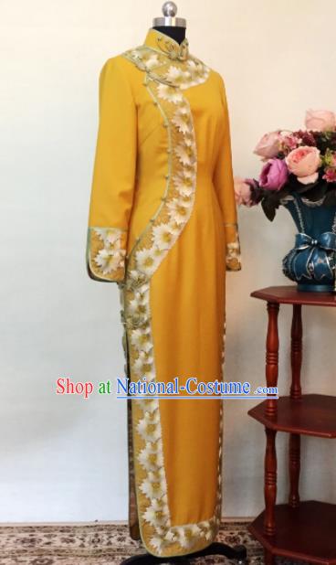 Chinese Traditional Customized Yellow Cheongsam National Costume Classical Qipao Dress for Women